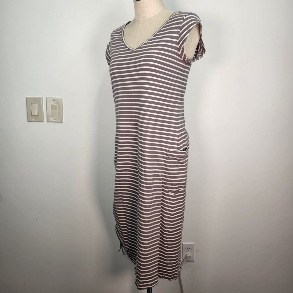 Toad&Co Muse Midi Large Striped V-Neck Cinched Ruched Side Knit Dress Grey White - Picture 2 of 10